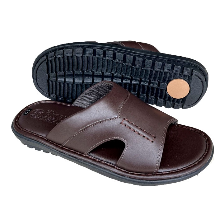 Dép da nam quai ngang da bò mau đen Trường Hải đế cao 3cm DNĐ125