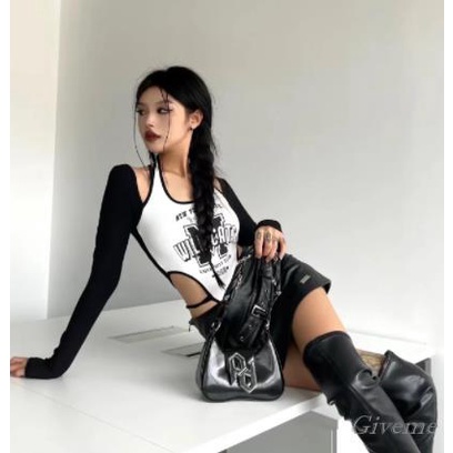 Áo Liền Quần Dài Tay Hở Vai In Chữ Thời Trang Nữ Tính