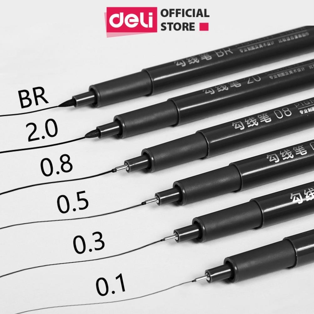 Bút kỹ thuật đi nét nhiều ngòi màu đen Deli - kháng nước - vẽ caligraphy phác thảo - bộ 6 chiếc  - S573 .