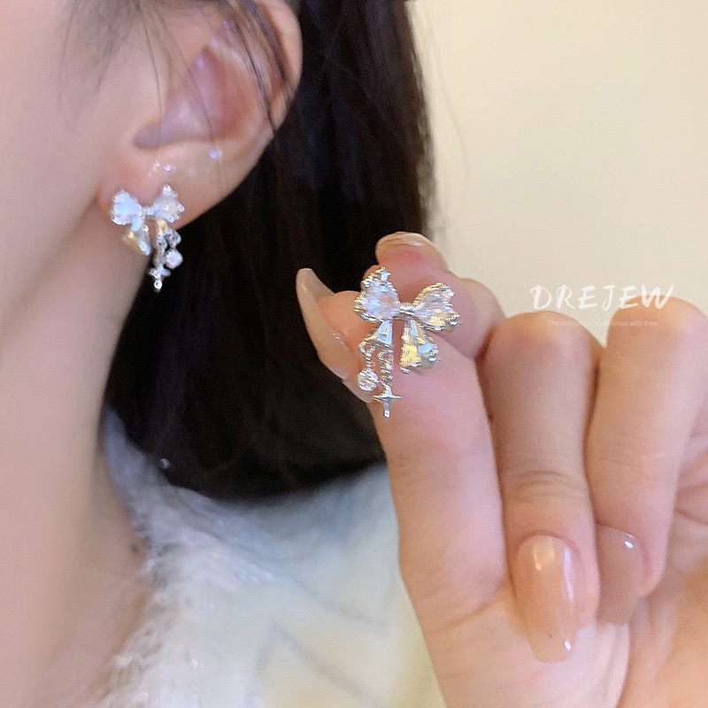 DREJEW Bông Tai Hình Nơ Đính Đá Zircon Ngôi Sao Lấp Lánh Sang Trọng Phong Cách Hàn Quốc 2