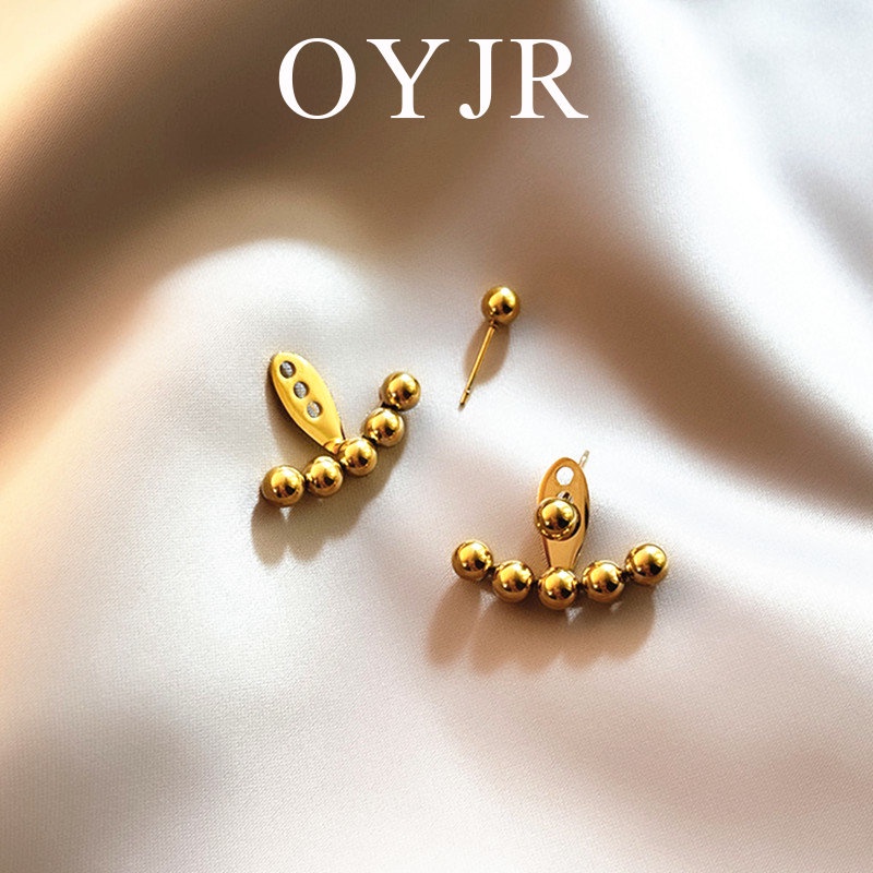 Khuyên tai OYJR bằng titan hình hạt tròn màu vàng có 2 cách đeo phong cách Hàn Quốc thời trang thanh lịch cho nữ