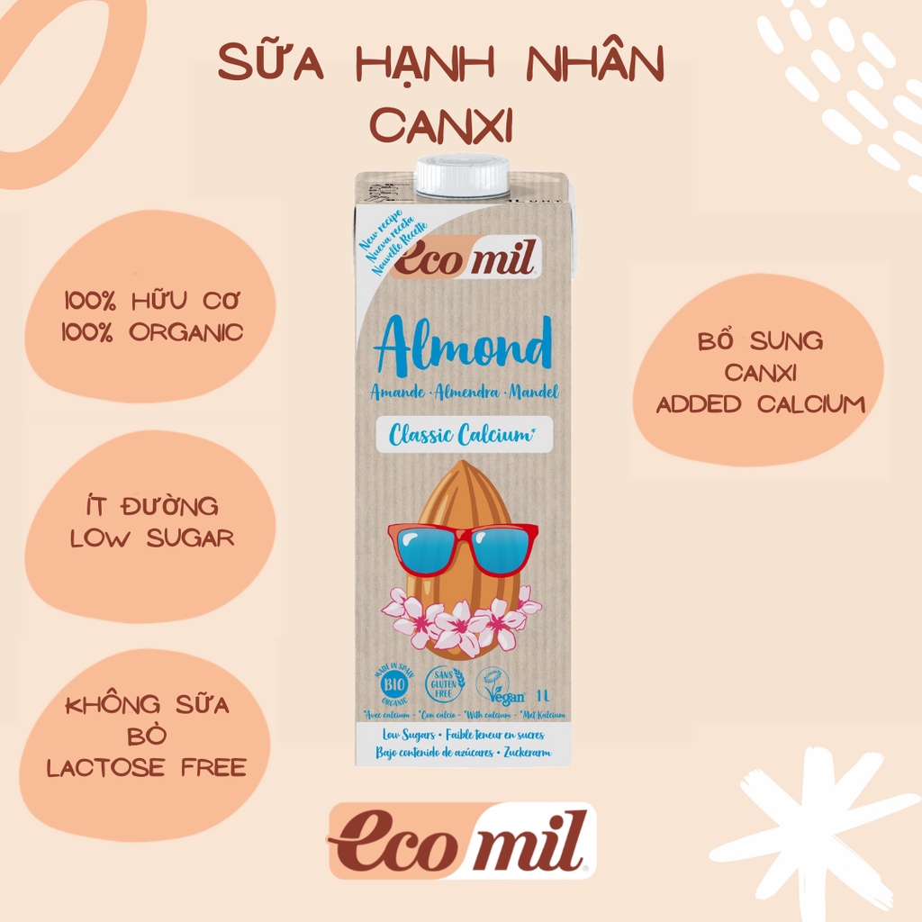 Sữa Hạt Hạnh Nhân Nguyên Chất Calcium Hữu Cơ Ecomil (1L) - Almond Milk Organic Calcium (1L)