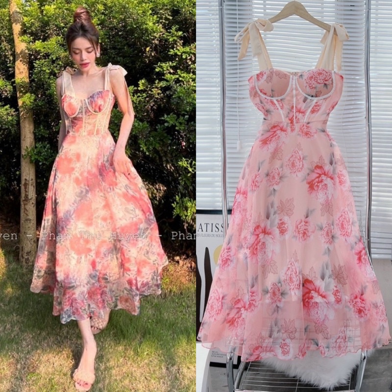 Đầm váy voan tơ dài hoa hồng 2 dây thắt nơ vai, thời trang hotgirl tiểu thư đi chơi dạo phố dự tiệc sang trọng quý phái