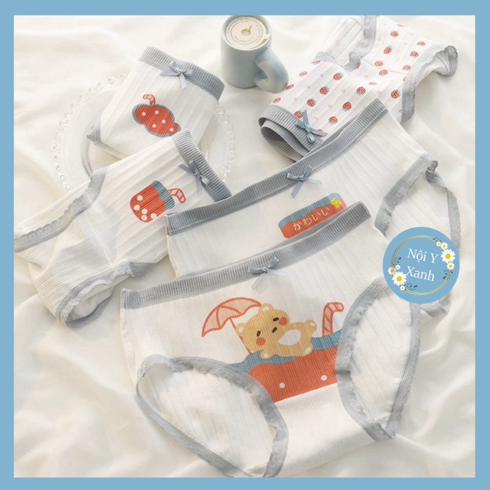 Quần Lót Nữ Cotton Viền Xám Họa Tiết Siêu Xinh 138 nội y xanh, chất đẹp, deal tốt