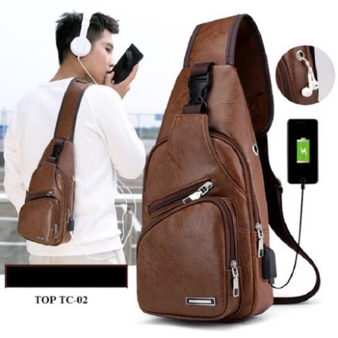 Balo nam nữ túi đeo chéo da màu ĐEN,NÂU SHOP GIAO MÀU NGẪU NHIÊN cao cấp có cổng sạc USB và lỗ tai nghe(Tặng cáp nối)