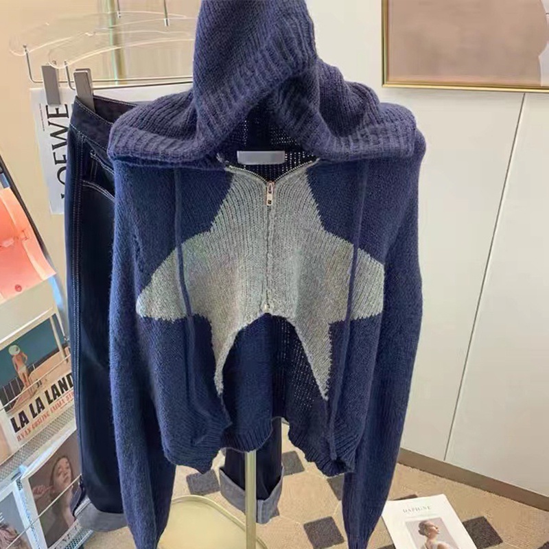 Áo Khoác cardigan Có Nón Họa Tiết Ngôi Sao Màu Sắc Tương Phản Thời Trang Cho Nữ