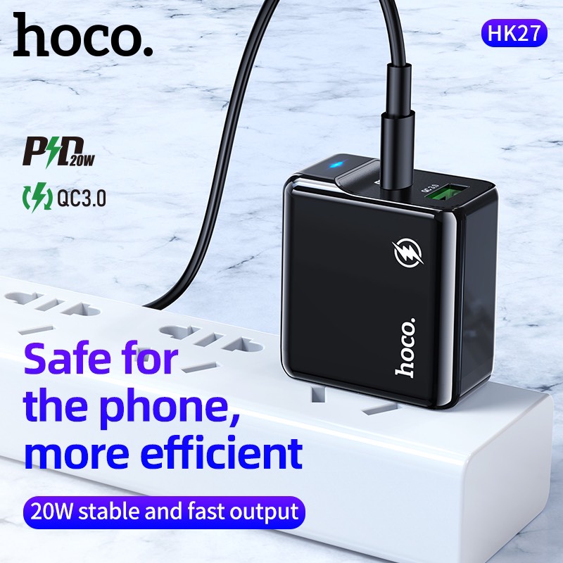 Cốc sạc 2 cổng USB Hoco HK27 chân dẹp QC3.0 18W và Type-C PD20W - Hãng phân phối