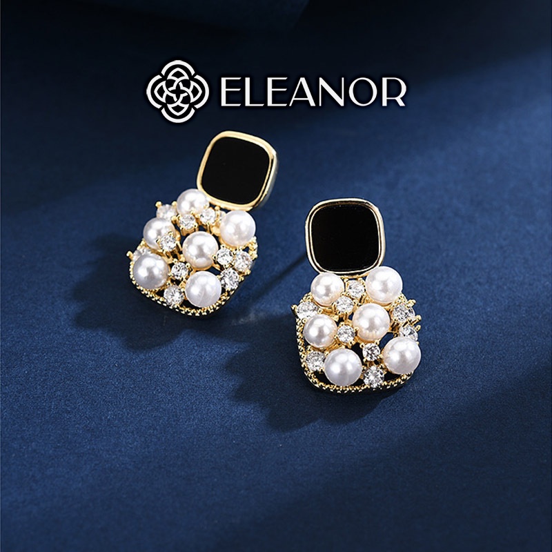 Bông tai nữ chuôi bạc 925 Eleanor Accessories hình vuông gắn ngọc nhân tạo phụ kiện trang sức 5072