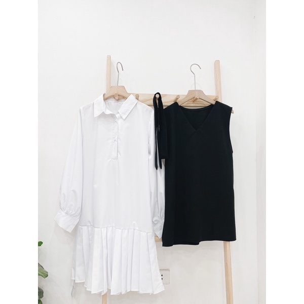 Váy sơ mi xếp ly dài tay kèm áo gile ngoài phối đen trắng, Váy tiểu thư dự tiệc đi chơi AS96