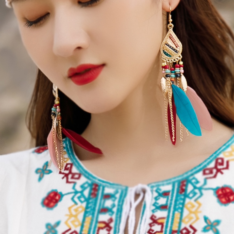 Bông Tai Dáng Dài Phối Lông Vũ Phong Cách Bohemian Thời Trang Cho Nữ