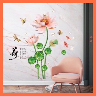 Decal dán tường trang trí phòng khách phòng ngủ cá vàng và hoa sen