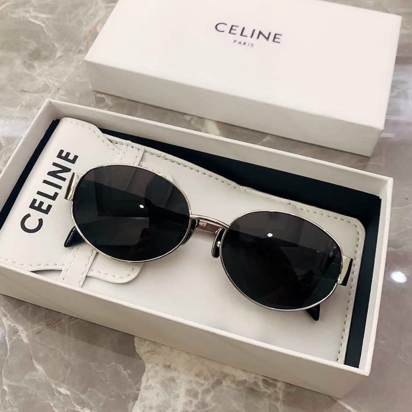 Mắt kính nữ Celine gọng tròn kim loại xi bạc tròng kính màu đen phù hợp với mặt vuông , trái xoan, kim cương