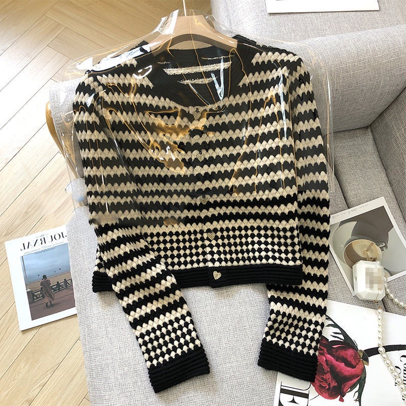 Áo Cardigan Len Tay Dài Cổ Tròn Lưng Cao Họa Tiết Kẻ Sọc Thời Trang Mùa Thu Thanh Lịch
