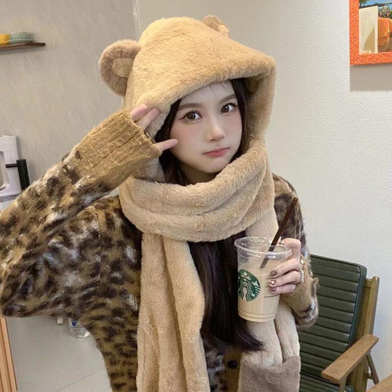 Mũ Trùm Đầu Kèm Khăn Choàng Cổ Và Găng Tay Bằng Vải Bông Dày Chống Lạnh Hình Tai Gấu Dễ Thương Phong Cách Hàn Quốc