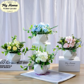 (Cắm sẵn) Chậu hoa hồng mẫu đơn mix tú cầu gốm sứ Bát Tràng, Trang trí nội thất, hoa để bàn