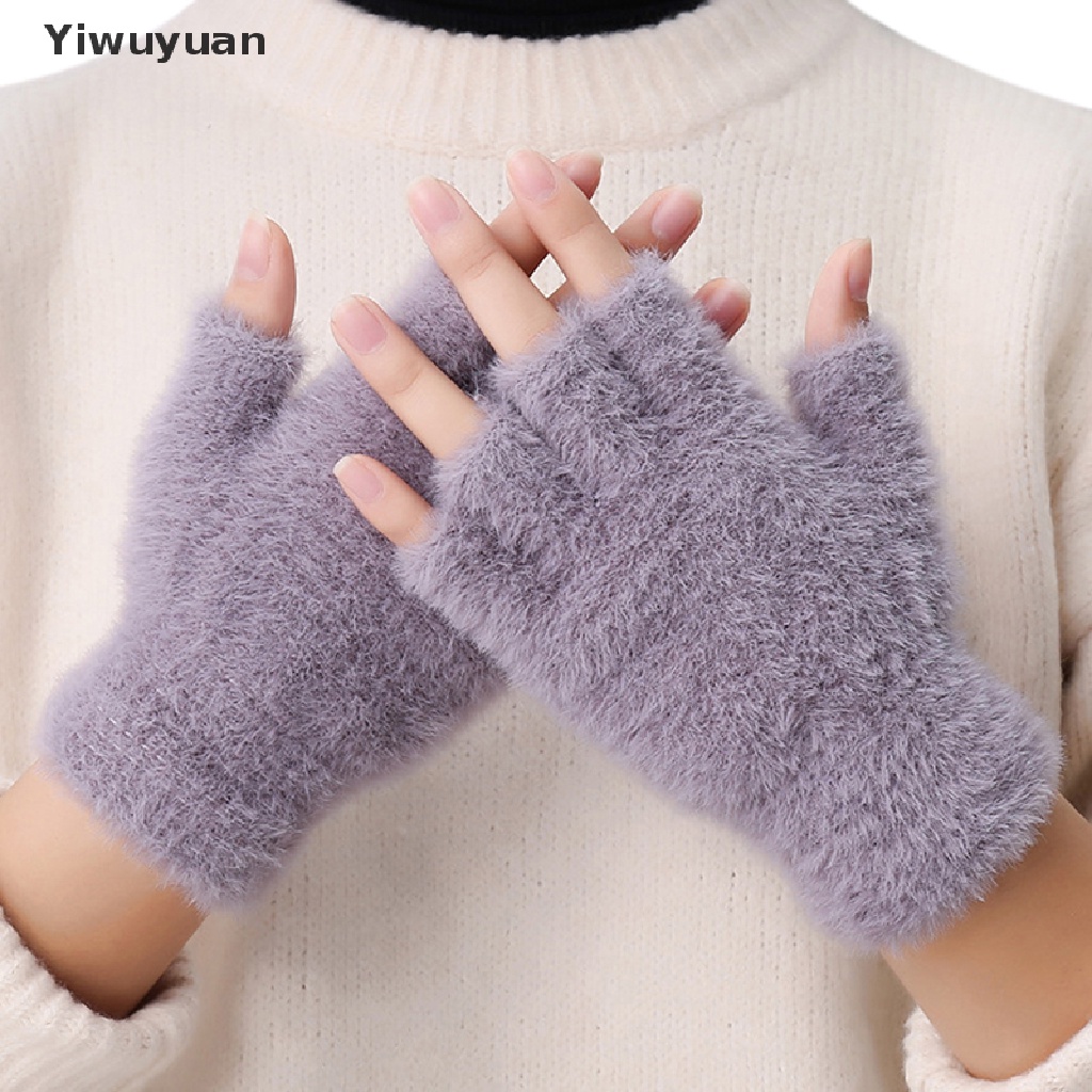 < Yiwuyuan > Găng Tay Hở Ngón Lông Chồn Nhân Tạo Màu Trơn Giữ Ấm Mùa Thu Đông Mới