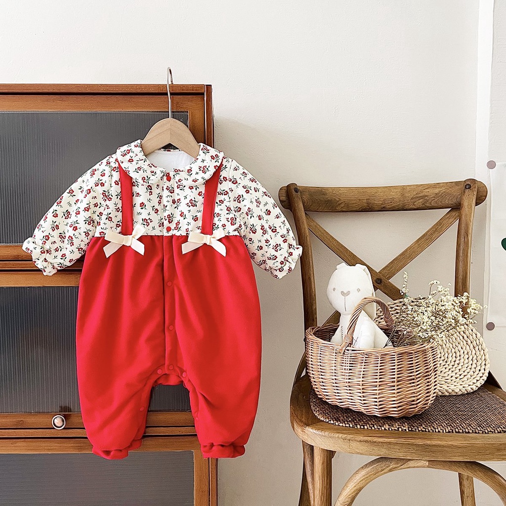 Áo liền quần SANLUTOZ tay dài in họa tiết hoa ấm áp mùa đông phong cách năm mới đáng yêu cho bé gái