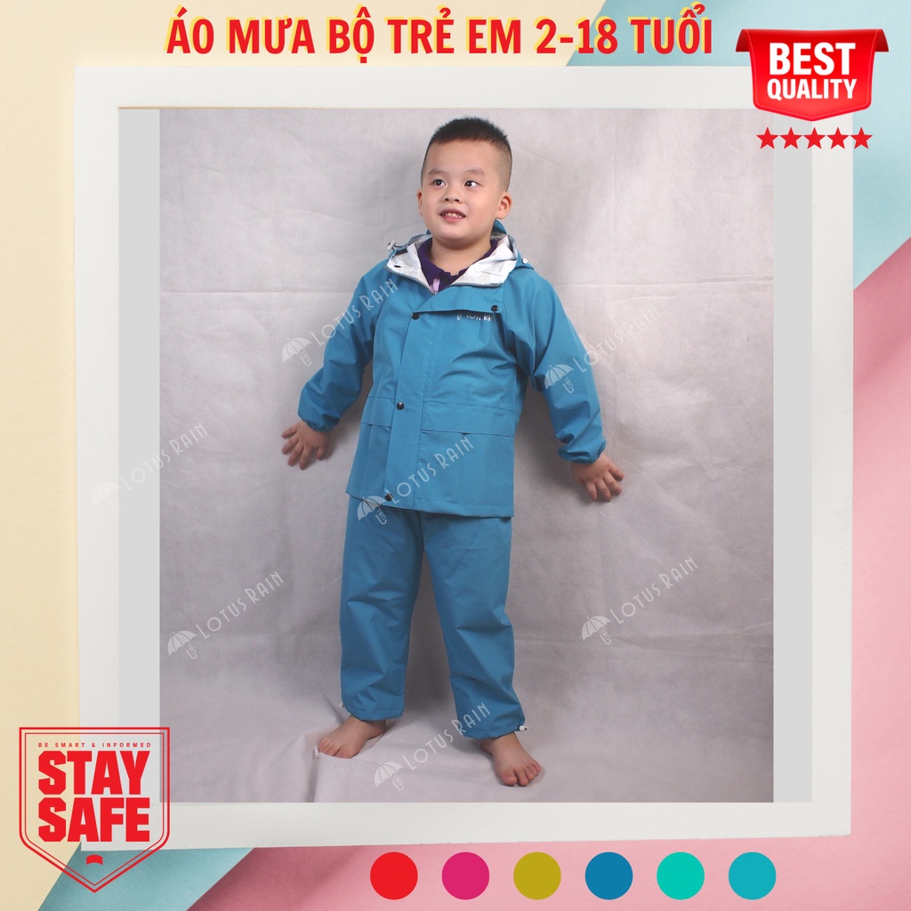 Áo mưa bộ cho bé Lotusrain, Áo mưa cho bé trai bé gái 2 đến 18 tuổi siêu nhẹ, siêu chống thấm