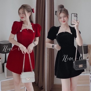 Đầm nhung Trơn kèm tag cài đá