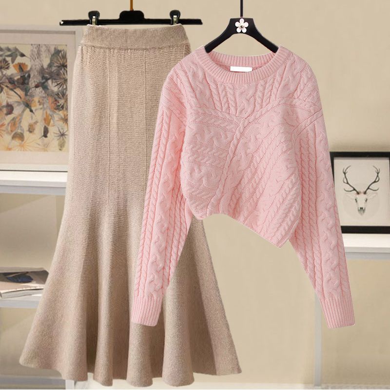 2024Set Áo Sweater Dệt Kim Phối Chân Váy Đuôi Cá Thời Trang Thu Đông   Cho Nữ