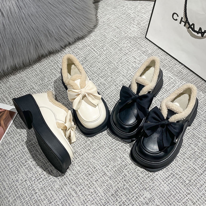 Giày Lười Da Lót Lông Cừu Đế Dày Đính Nơ Thời Trang Thu Đông