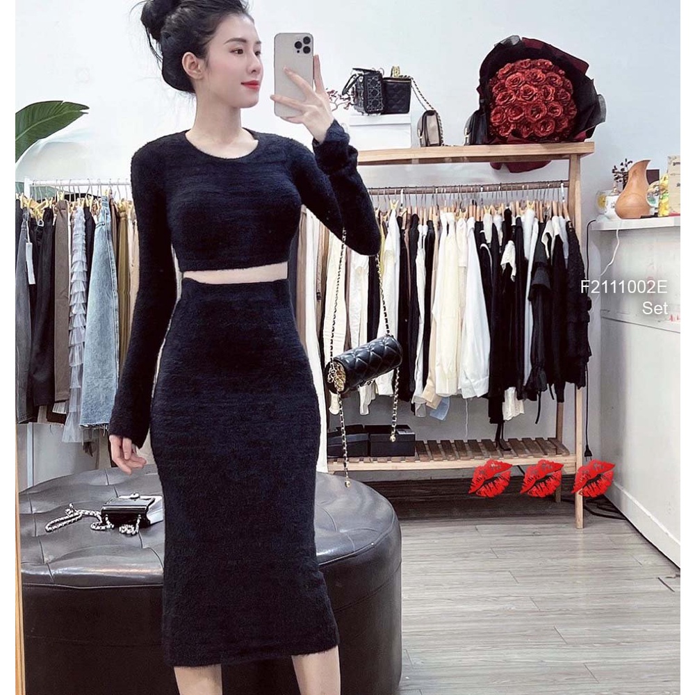 Set len lông áo croptop tay dài+ chân váy ôm dáng dài cực xinh!