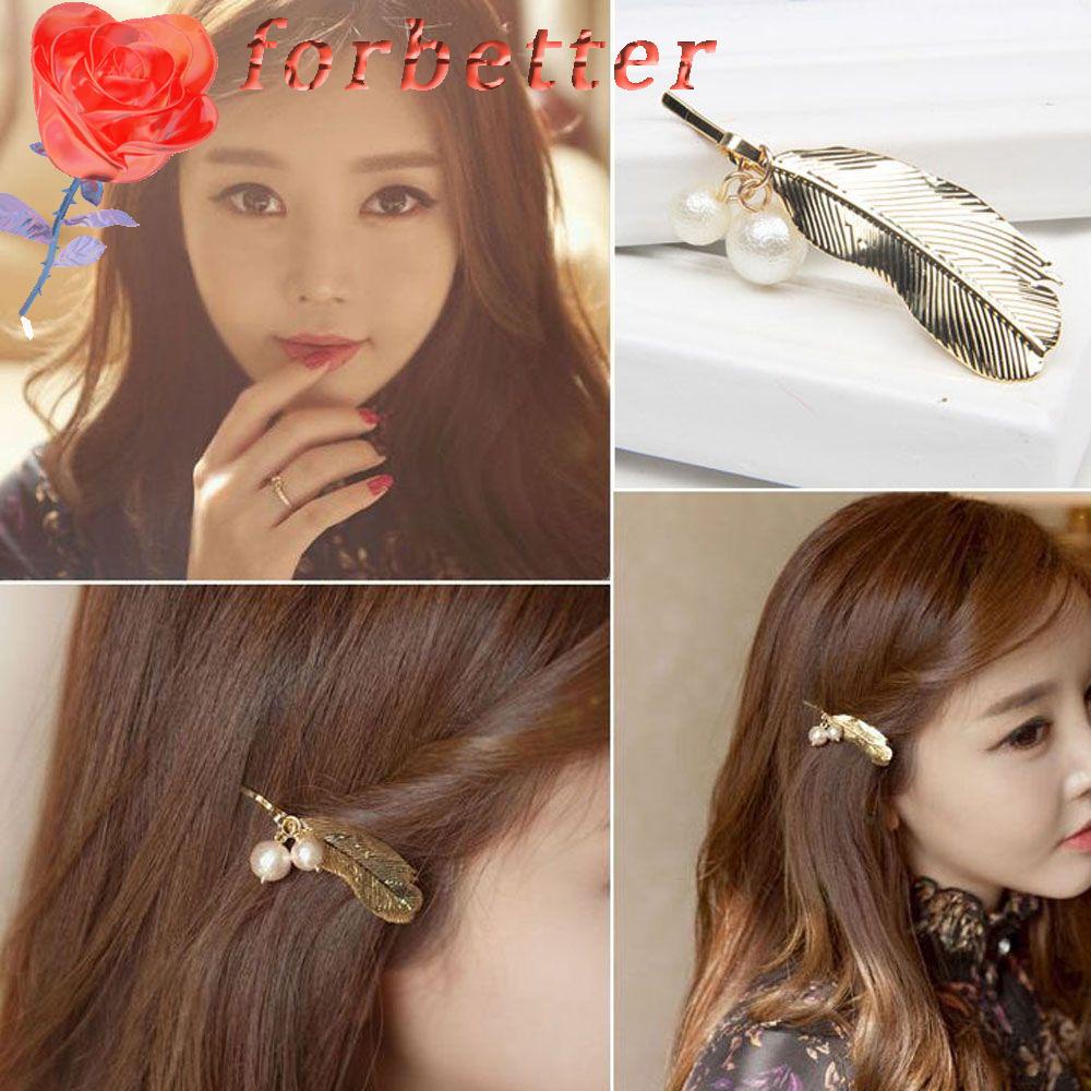 Kẹp tóc kim loại hình lá đính hạt giả ngọc trai