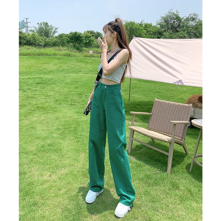 Quần jean lưng cao ống rộng màu trơn phong cách thời trang Hàn Quốc cho nữ | BigBuy360 - bigbuy360.vn