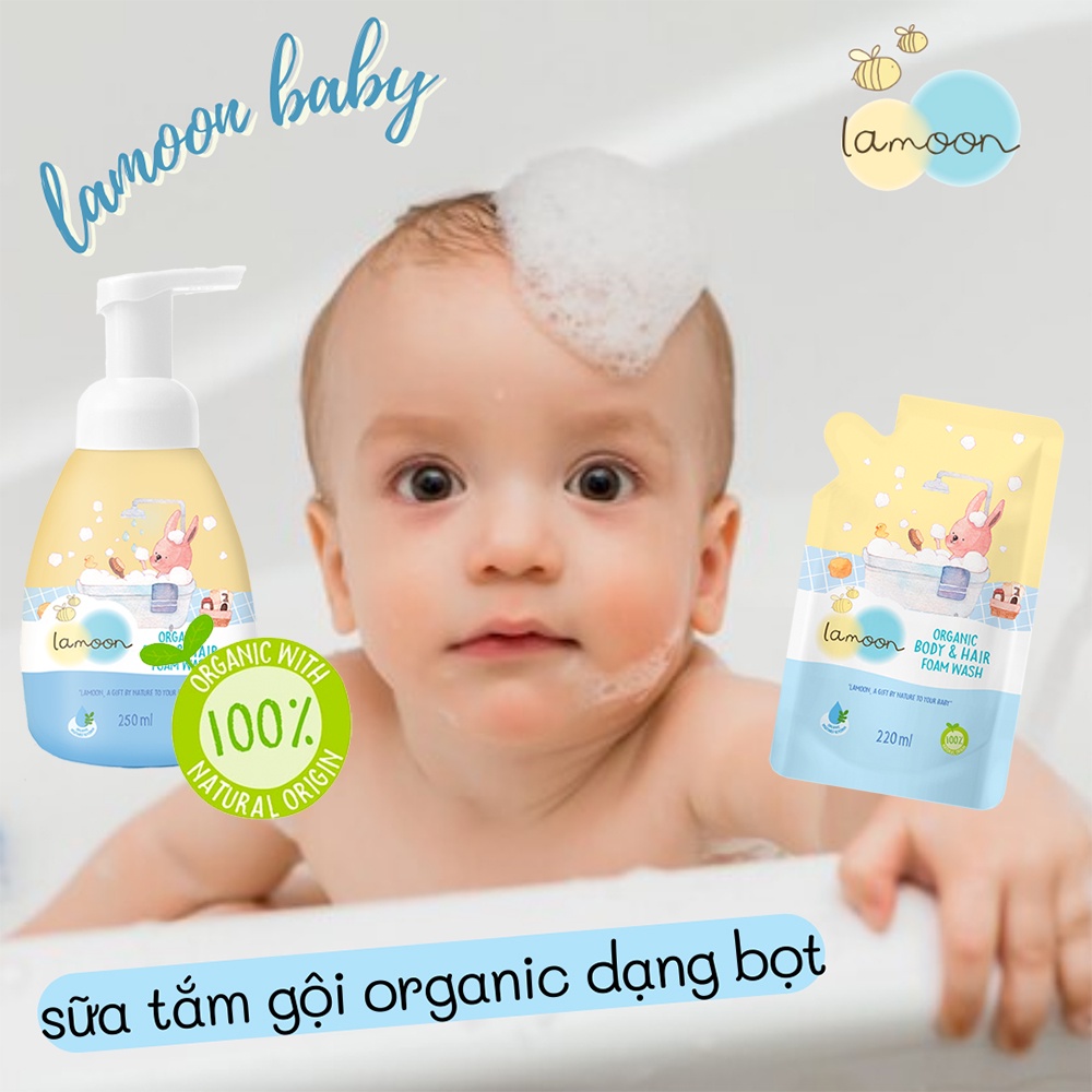 COMBO Sữa tắm gội Organic cho bé từ sơ sinh dạng bọt Lamoon dạng Bình 250ml + Túi refll 220ml