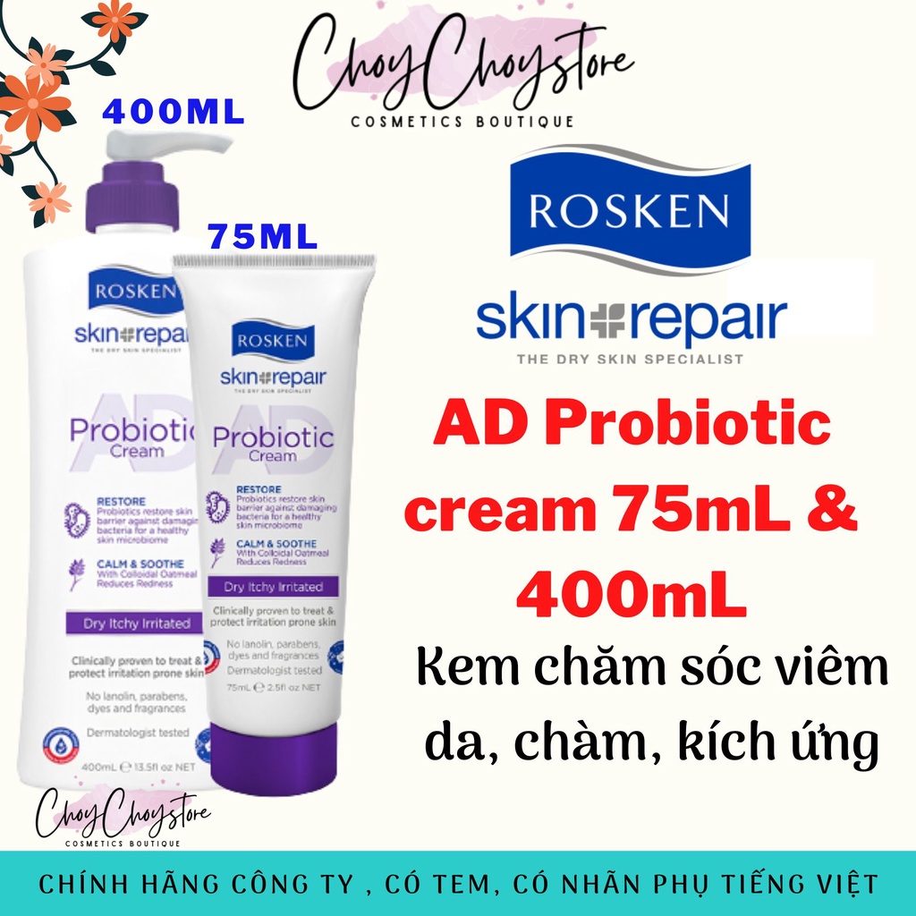 ROSKEN AD Probiotic cream 75mL & 400mL - Kem chăm sóc viêm da, chàm, kích ứng