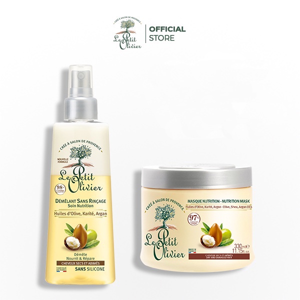 COMBO Xịt Dưỡng Tóc 150ml & Kem Ủ Tóc Chiết Xuất Dầu Olive, Bơ Hạt Mỡ, Dầu Argan Le Petit Olivier 330ml