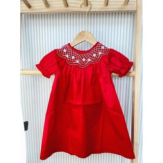 Váy đầm bé gái june đầm smock đỏ cổ sen trắng - màu đỏ