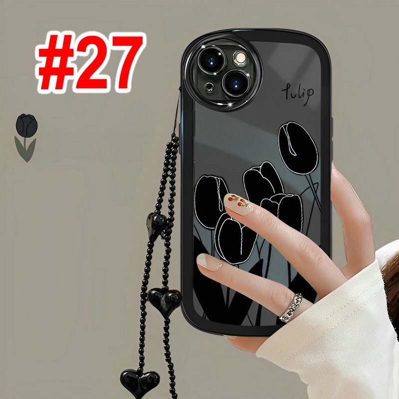OPPO A78 A77S A57 2022 4G A16K A16E A16S A74 A95 A54 A52 A72 A92 A15 A15S A53 A33 2020 A16 A93 A95 A94 5G A9 A5 A7 A5S A12 A3S F11 Pro F9 Black Tulip Flowers Oval Airbag Shockproof Clear Soft Phone Case With Love Lanyard Back Cover DYJ 27