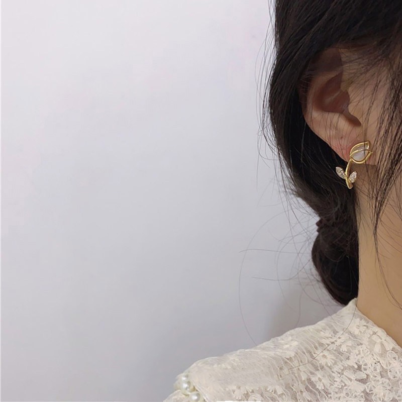 Đôi khuyên tai DODDER thiết kế hoa tulip đính đá mặt trăng nhân tạo thời trang cho nữ