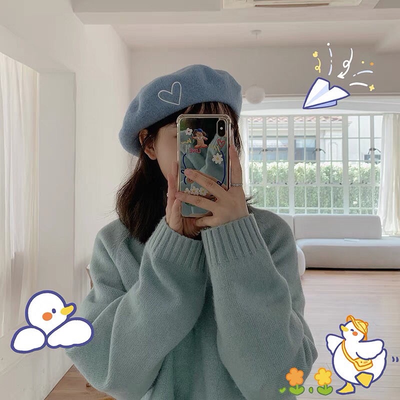 Mũ Beret Len Thêu Hình Trái Tim Xinh Xắn Thời Trang Mùa Thu Đông Theo Phong Cách Hàn Quốc