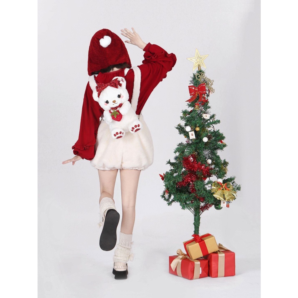 Set Áo Thun Dài Tay In Hình Dâu Tây + Quần Yếm Dễ Thương Cho Nữ