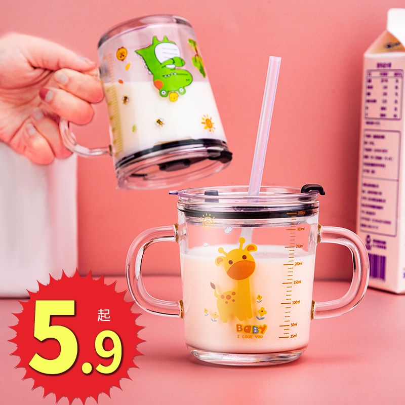 Cốc Uống Sữa Bằng Thủy Tinh Có Ống Hút Và Tay Cầm Dễ Thương Cho Bé