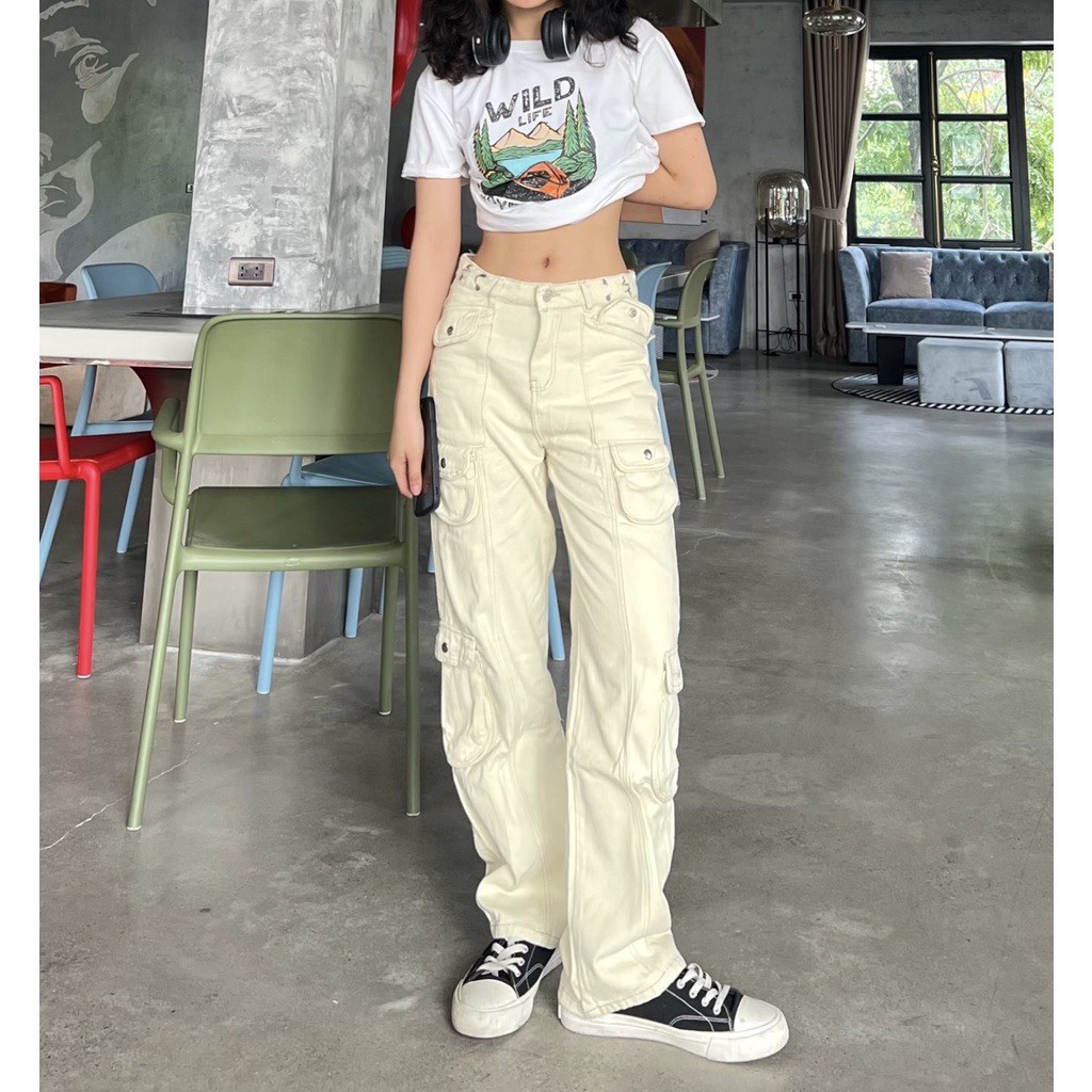 Quần kaki túi hộp nam nữ fomt rộng Mellow, Quần Cargo Pants Kaki nhiều túi kèm đai nam nữ Hàng Hàn Quốc