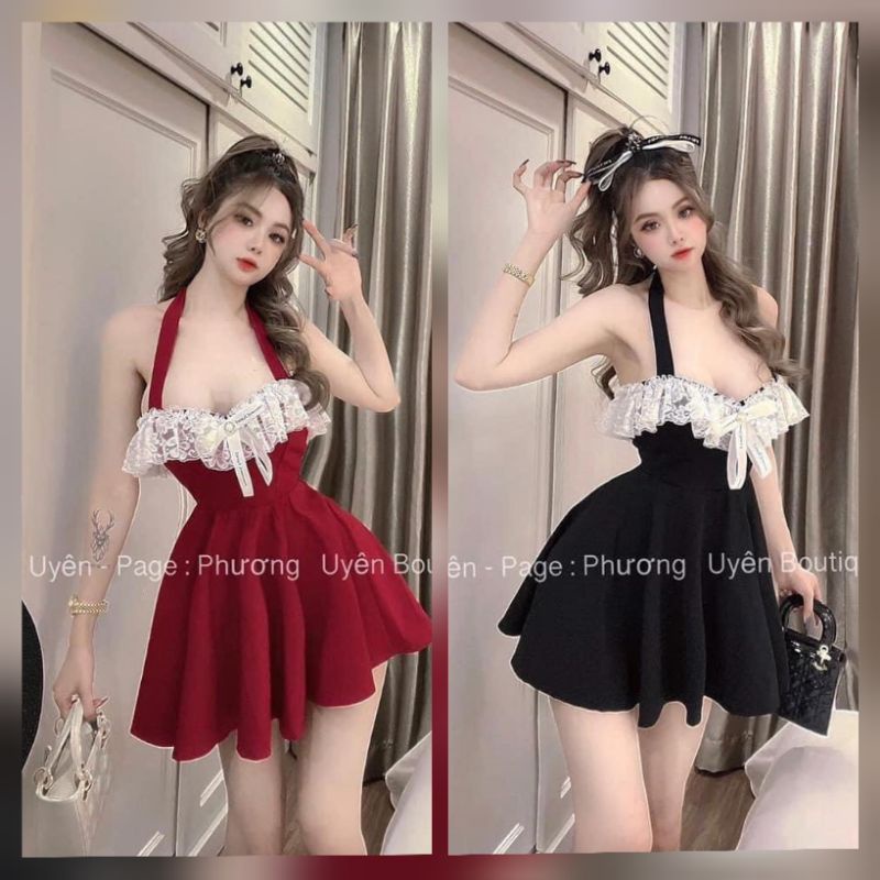 Đầm Nhung Cột Nơ Cổ Phối Ren,Đầm Thời Trang Nữ