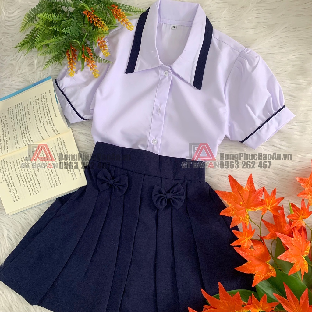 Áo sơ mi trắng phối xanh + Váy xanh đen Đồng phục học sinh nữ tiểu học - Chất vải ĐẸP, bền màu
