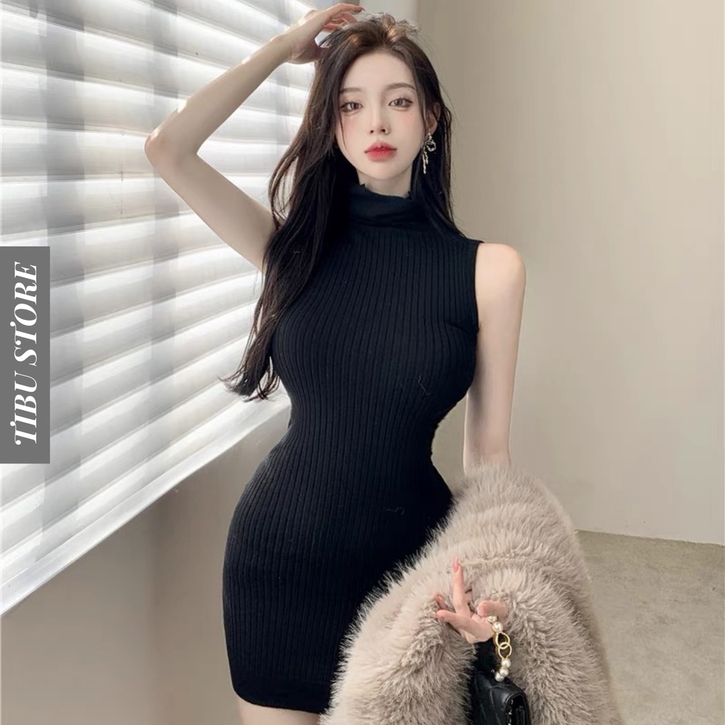 Đầm body cổ lọ nữ tay ngắn TIBU, váy ôm dáng dài chất len tăm co giãn phong cách sexy tôn dáng cực đỉnh