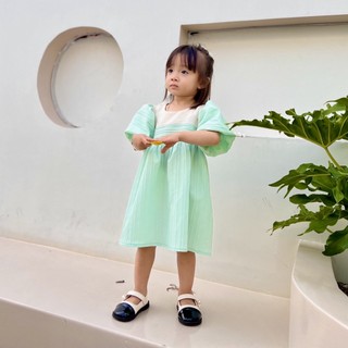 Đầm cổ tròn tay phồng sang xinh phối màu