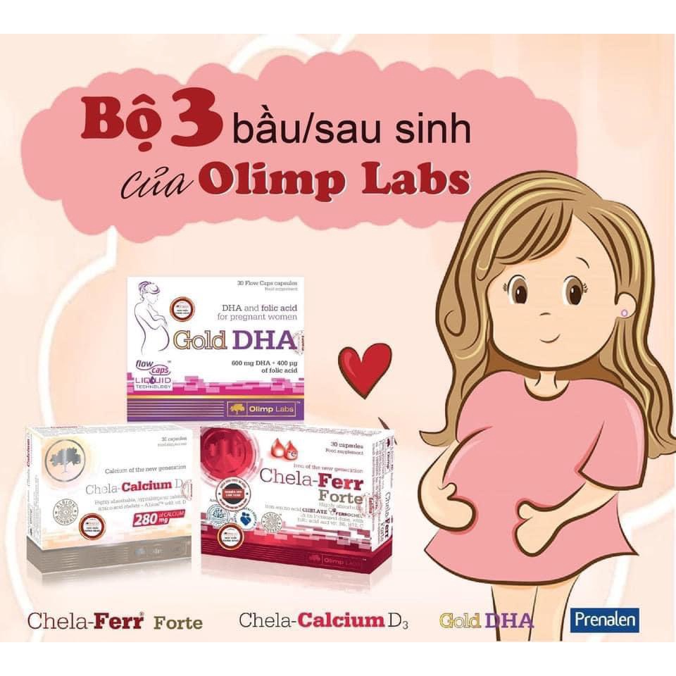 COMBO 3 hộp Sắt Chela-Ferr Forte, Gold DHA, Canxi Chela-Calcium D3. Giúp mẹ bầu bổ sung dưỡng chất thiết yếu cho cơ thể.