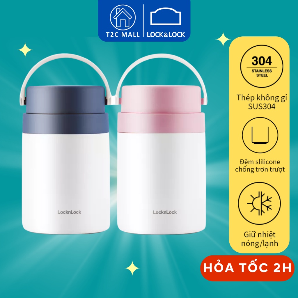 Hộp Cơm Giữ Nhiệt 700ml 2 Ngăn Kèm Muỗng Inox Lock&Lock LHC8042 Hộp Ủ Cháo - T2Cmall