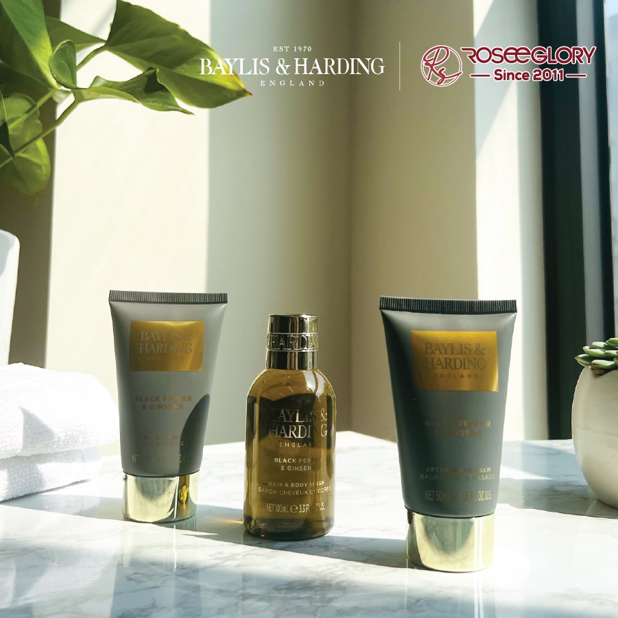 Túi quà 3 món chăm sóc da cao cấp dành cho nam - hương tiêu đen và nhân sâm Baylis & Harding Signature