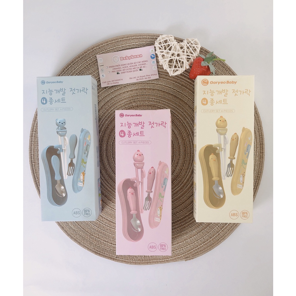 Set Đũa Thìa Nĩa Tập Ăn Dặm Kèm Hộp đựng 3 Chi Tiết Goryeobaby Hàn Quốc cho bé Babibu-Set3ĐTN