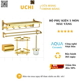 Bộ phụ kiện 5 món - phụ kiện nhà tắm- máng khăn - máng treo khăn - kệ góc - bộ phụ kiện màu vàng - phụ kiện đen vàng