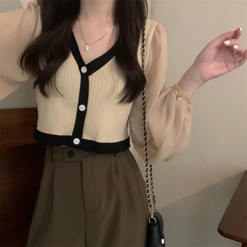 Áo Khoác Cardigan Len Dệt Kim Tay Phồng Phối Lưới Thời Trang Mùa Thu Phong Cách Hàn Quốc Mới Cho Nữ