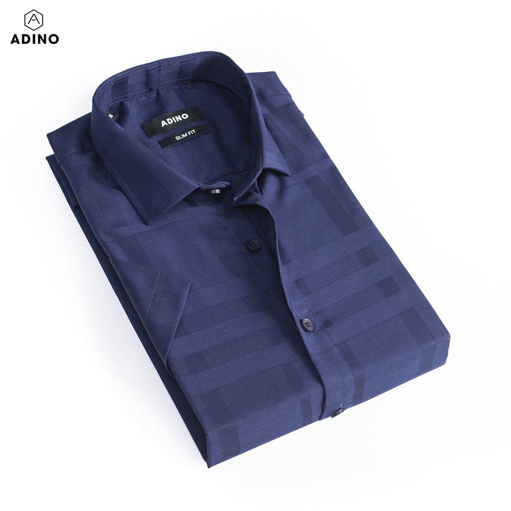 Áo sơ mi cộc tay nam màu xanh navy kẻ sọc ô ADINO vải sợi tre Bamboo mềm mát dáng slimfit công sở trẻ trung CT93