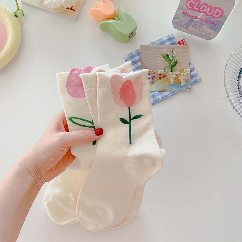 1 Đôi Tất Ống Trung Bình Hình Hoa Tulip Nhiều Màu Phong Cách Hàn Quốc (Phong Cách Ngẫu Nhiên)